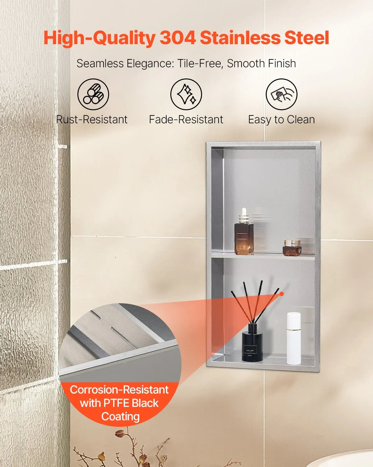 VEVOR Shower Niche, 33.0 x 63.5 x 10.2 cm Recessed Wall Niche Double-layer, with Hollowed-out Divider, Heavy-duty Stainless Steel Modern Shampoo Storage Organizer, Waterproof, Silver for Bathroom - Mekamart Australia