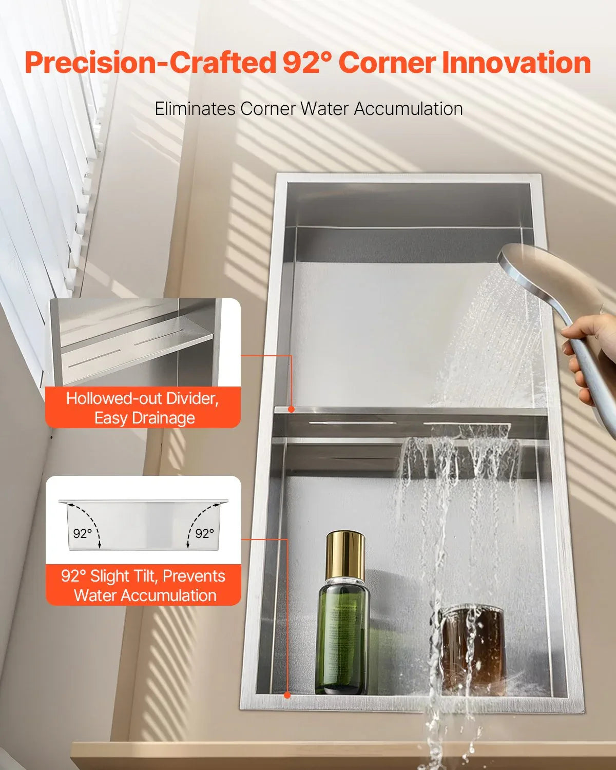 VEVOR Shower Niche, 33.0 x 63.5 x 10.2 cm Recessed Wall Niche Double-layer, with Hollowed-out Divider, Heavy-duty Stainless Steel Modern Shampoo Storage Organizer, Waterproof, Silver for Bathroom - Mekamart Australia