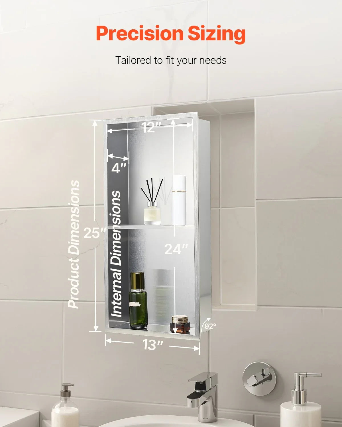 VEVOR Shower Niche, 33.0 x 63.5 x 10.2 cm Recessed Wall Niche Double-layer, with Hollowed-out Divider, Heavy-duty Stainless Steel Modern Shampoo Storage Organizer, Waterproof, Silver for Bathroom - Mekamart Australia