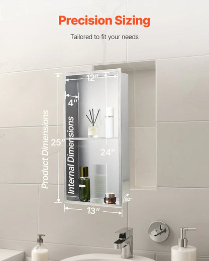 VEVOR Shower Niche, 33.0 x 63.5 x 10.2 cm Recessed Wall Niche Double-layer, with Hollowed-out Divider, Heavy-duty Stainless Steel Modern Shampoo Storage Organizer, Waterproof, Silver for Bathroom - Mekamart Australia
