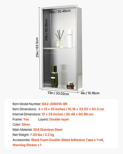 VEVOR Shower Niche, 33.0 x 63.5 x 10.2 cm Recessed Wall Niche Double-layer, with Hollowed-out Divider, Heavy-duty Stainless Steel Modern Shampoo Storage Organizer, Waterproof, Silver for Bathroom - Mekamart Australia