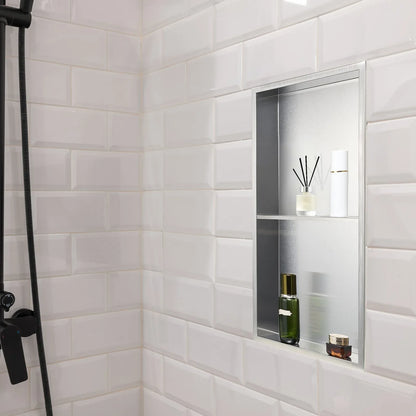 VEVOR Shower Niche, 33.0 x 63.5 x 10.2 cm Recessed Wall Niche Double-layer, with Hollowed-out Divider, Heavy-duty Stainless Steel Modern Shampoo Storage Organizer, Waterproof, Silver for Bathroom - Mekamart Australia