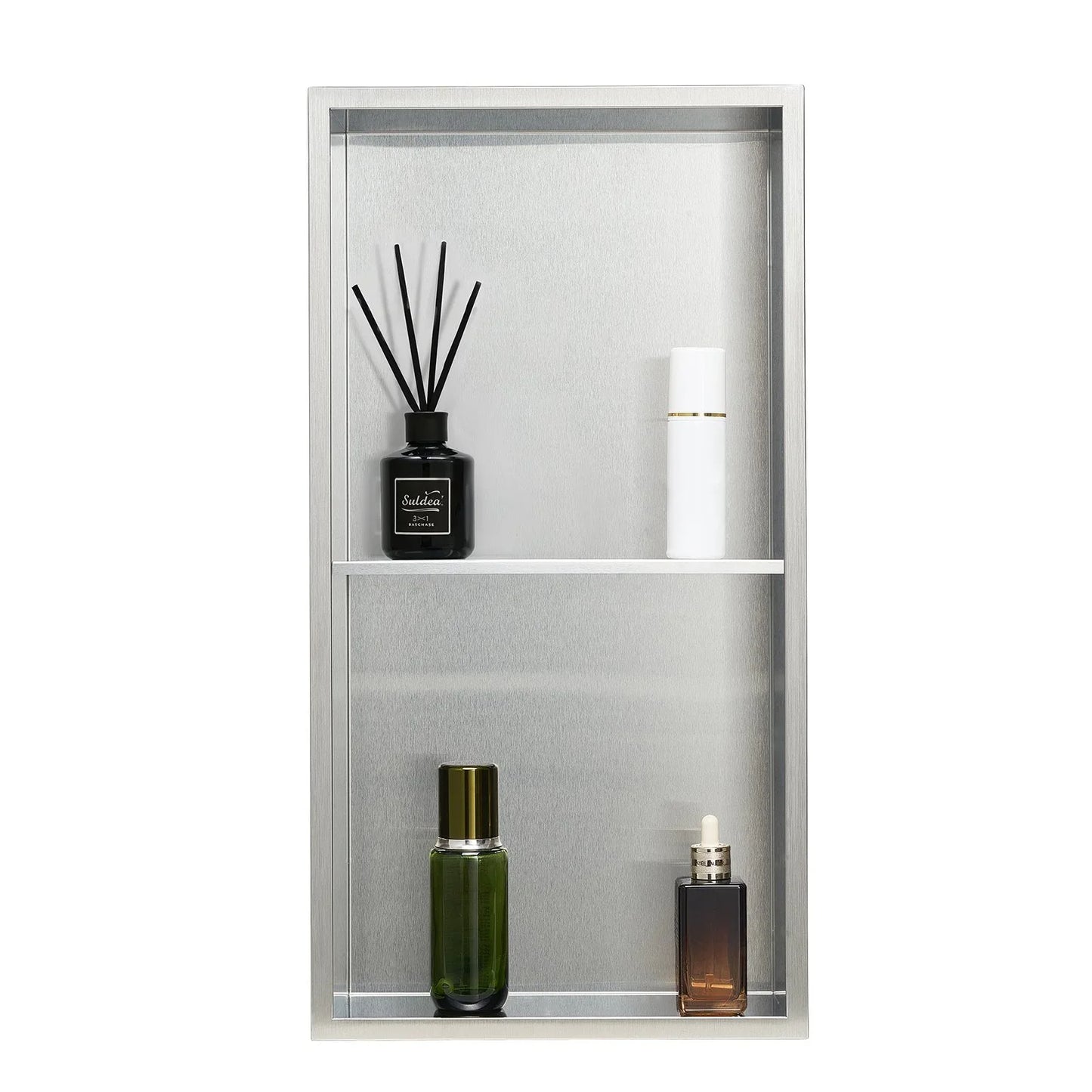 VEVOR Shower Niche, 33.0 x 63.5 x 10.2 cm Recessed Wall Niche Double-layer, with Hollowed-out Divider, Heavy-duty Stainless Steel Modern Shampoo Storage Organizer, Waterproof, Silver for Bathroom - Mekamart Australia