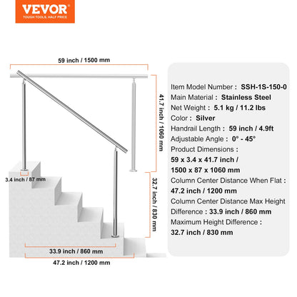 Handrails for Outdoor Steps, 59 in/ 150cm Length Stair Hand Rail Kit, Transitional Stainless Steel Railings with Installation Kit, Double-column Staircase Handrails for Seniors,Porch & Deck