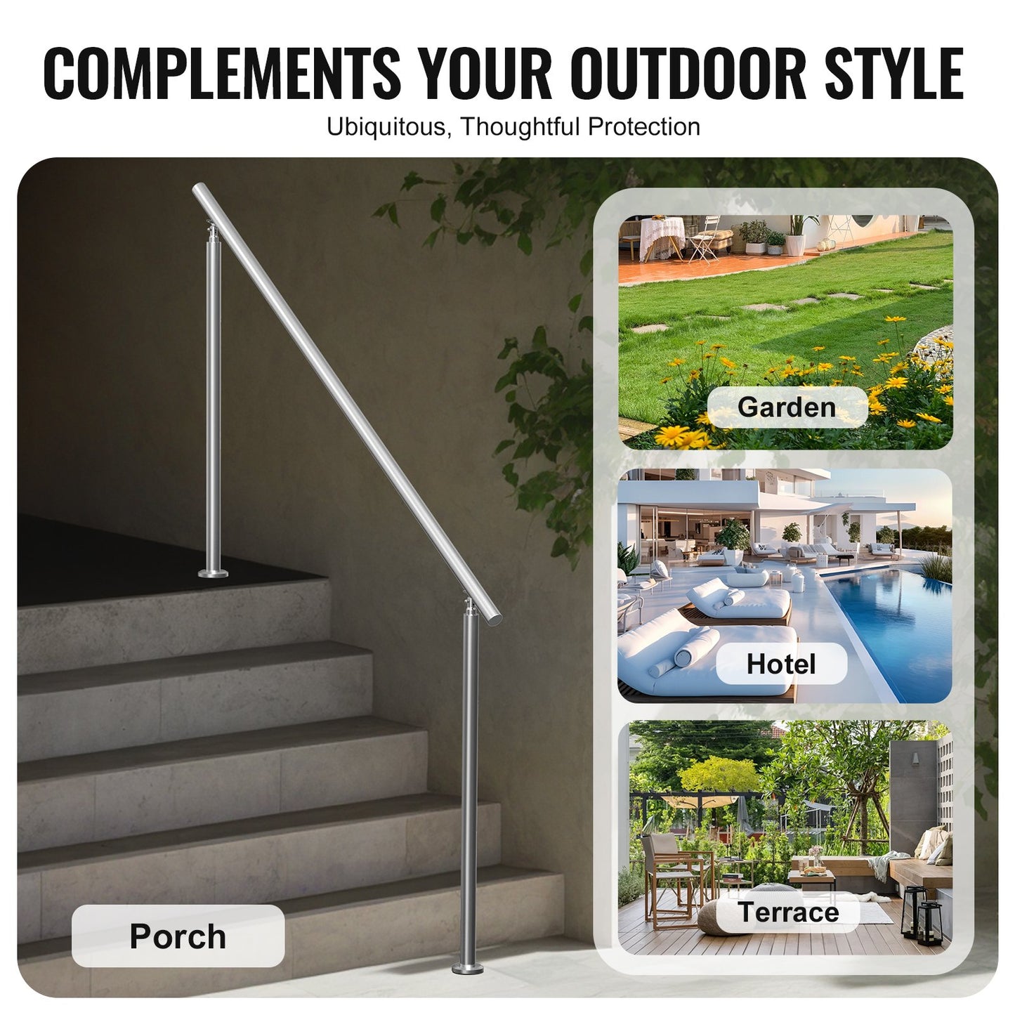 Handrails for Outdoor Steps, 70.9 in/ 180cm Length Stair Hand Rail Kit, Transitional Stainless Steel Railings with Installation Kit, Double-column Staircase Handrails for Seniors,Porch & Deck