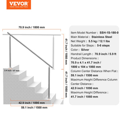 Handrails for Outdoor Steps, 70.9 in/ 180cm Length Stair Hand Rail Kit, Transitional Stainless Steel Railings with Installation Kit, Double-column Staircase Handrails for Seniors,Porch & Deck