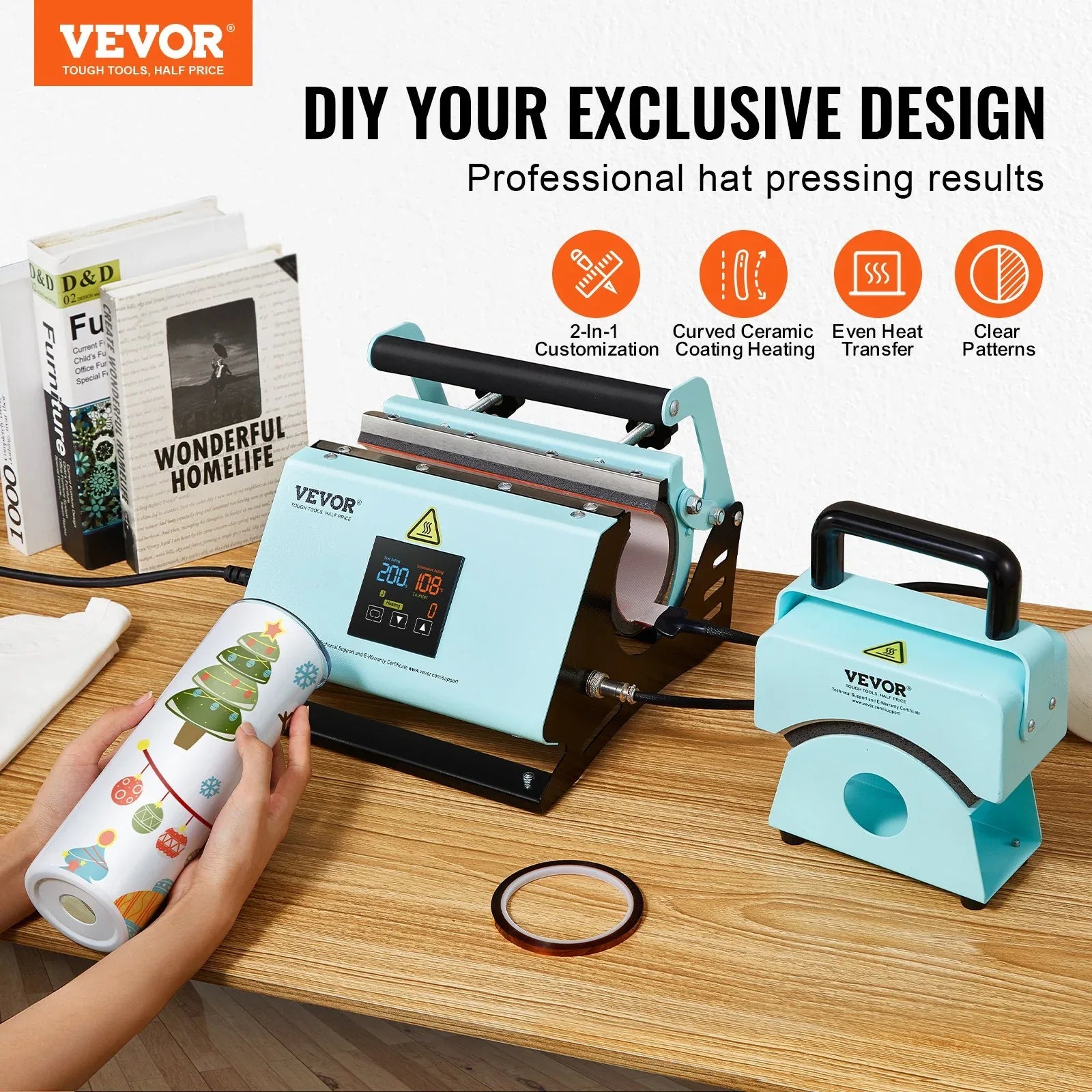 VEVOR 2 in 1 Tumbler and Hat Heat Press Machine Heat Machine for Caps Hats Mugs - Mekamart Australia