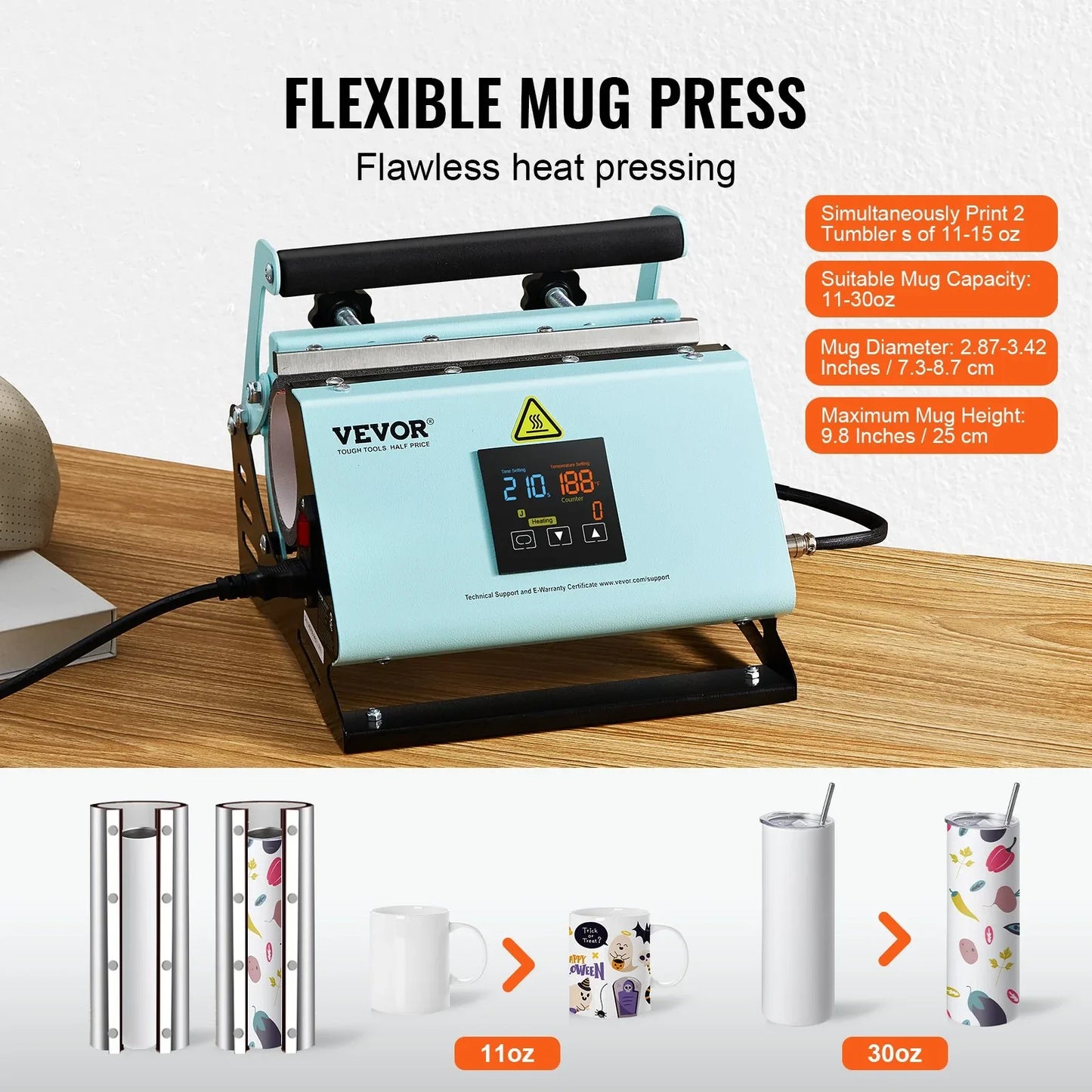 VEVOR 2 in 1 Tumbler and Hat Heat Press Machine Heat Machine for Caps Hats Mugs - Mekamart Australia