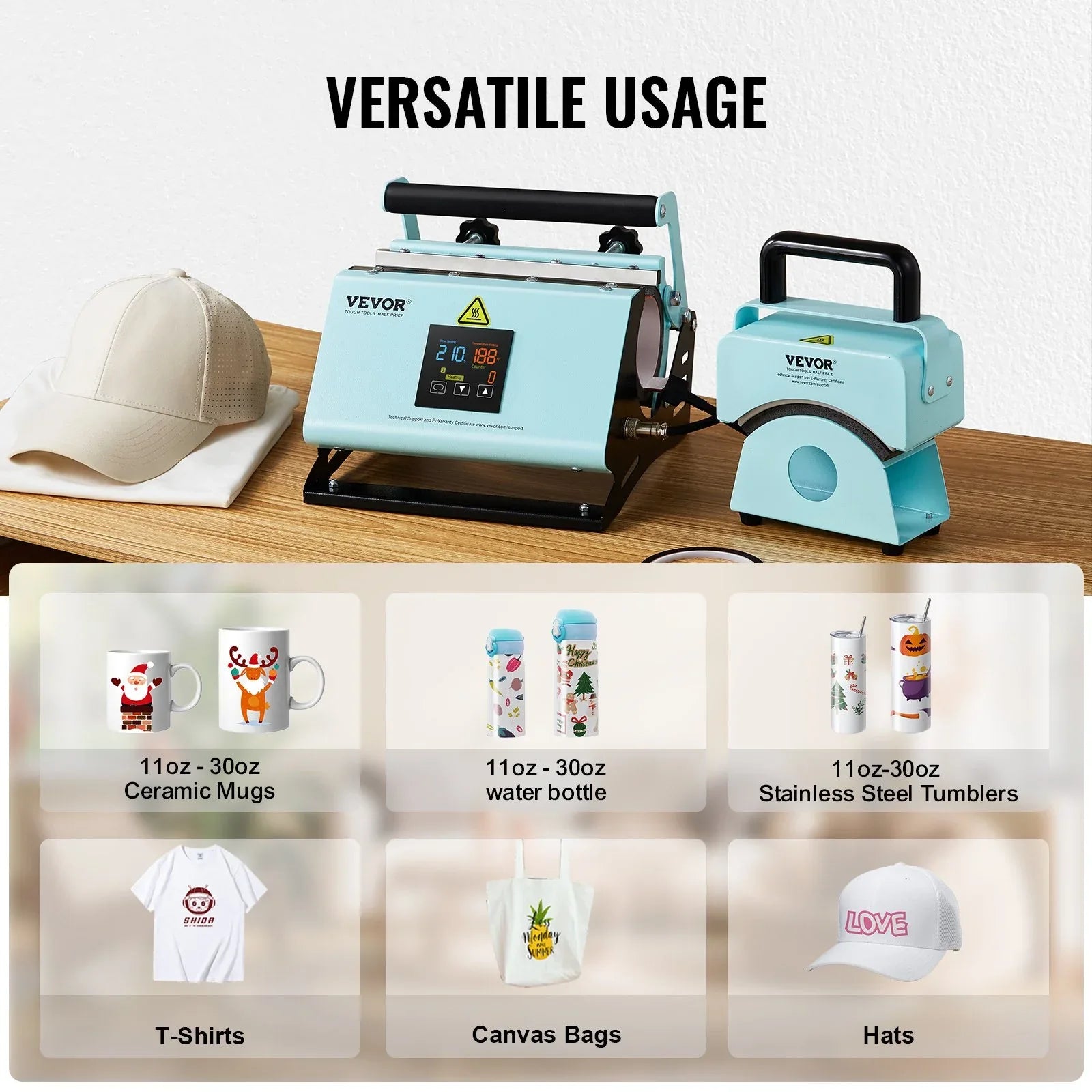VEVOR 2 in 1 Tumbler and Hat Heat Press Machine Heat Machine for Caps Hats Mugs - Mekamart Australia