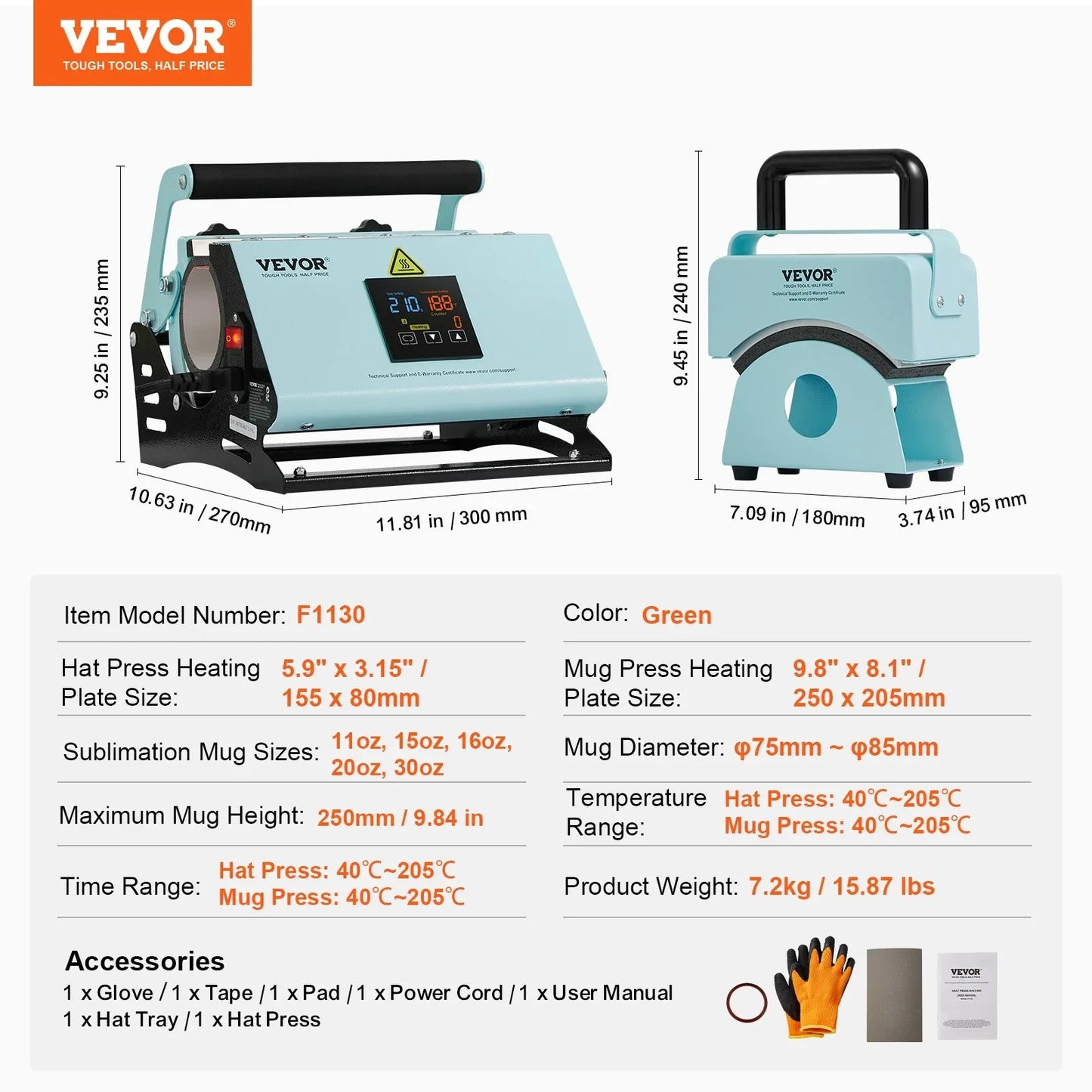 VEVOR 2 in 1 Tumbler and Hat Heat Press Machine Heat Machine for Caps Hats Mugs - Mekamart Australia