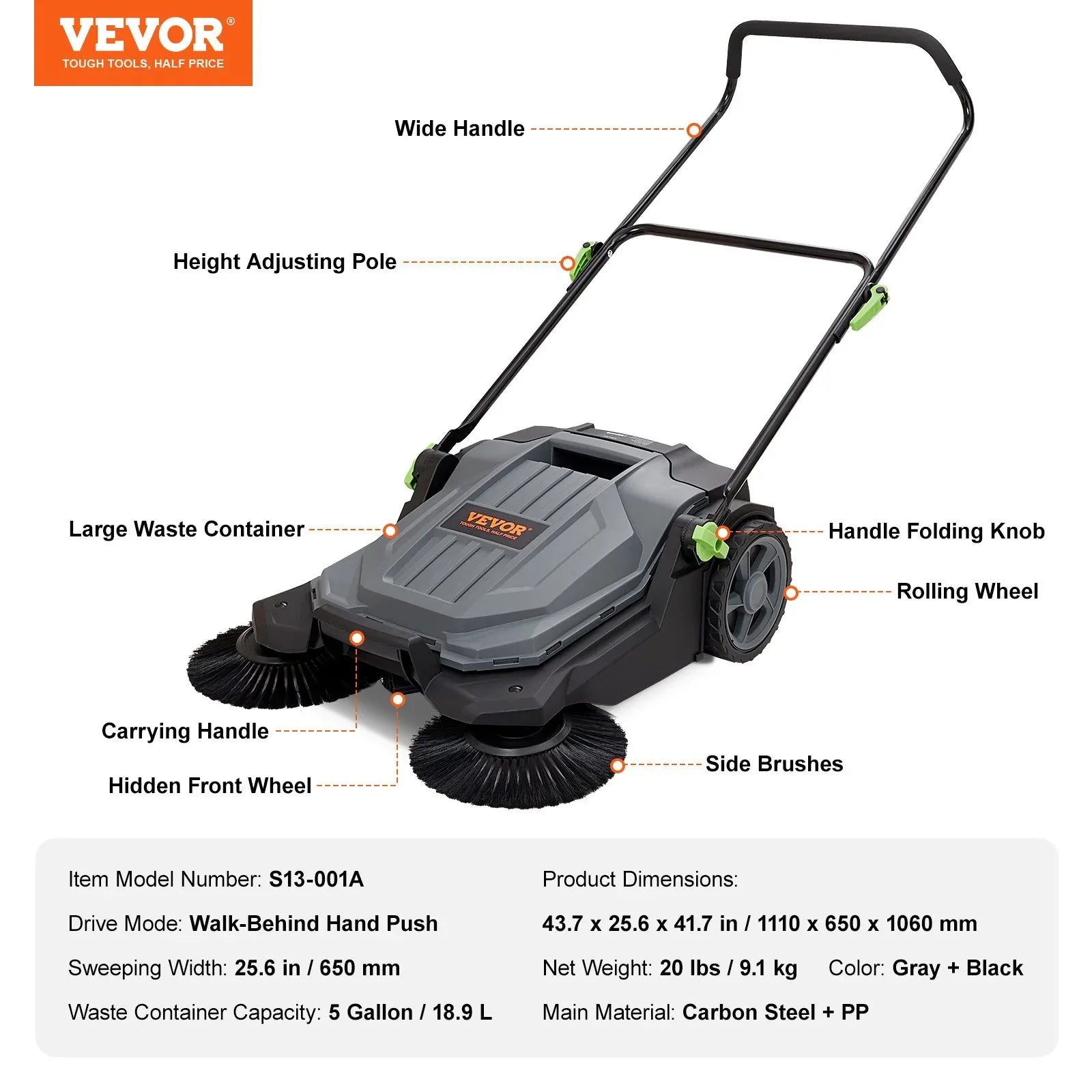 VEVOR Walk-behind Hand Push Floor Sweeper 25.6" Width 5 Gallon Waste Container - Mekamart Australia