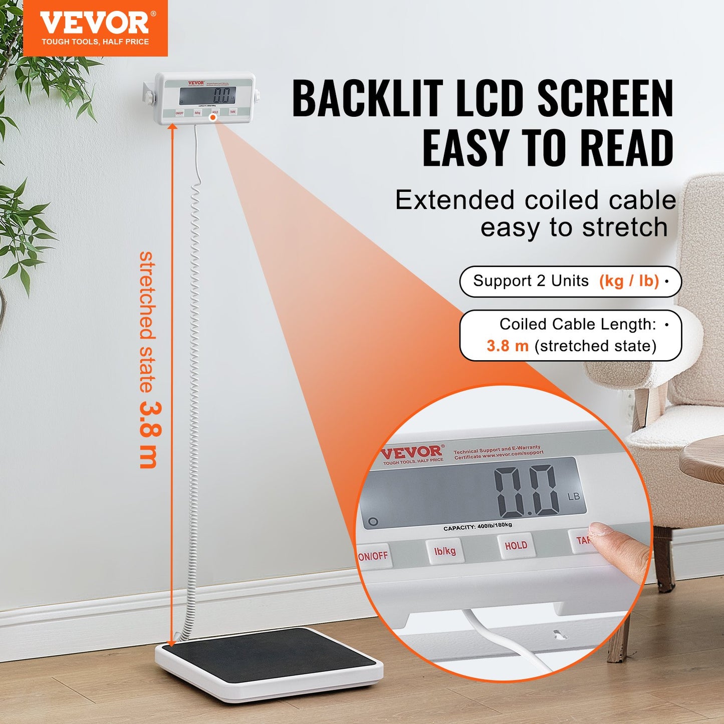 Portable Medical Scale, Professional Digital Physician Scale for Weighing - with Anti-Slip Mat, 2 Units (kg/lb), Hold & Tare Function, 400LBS Capacity Physician Wight Scale for Gym Home Hospital