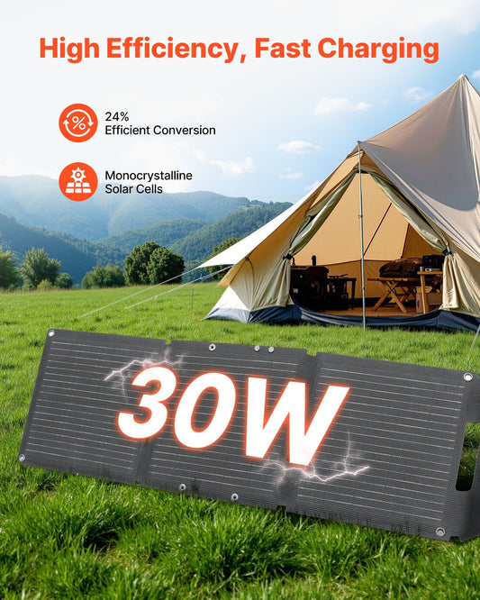 30W Foldable Solar Panel Charger, 16BB N-Type Monocrystalline Solar Panel 24% Efficiency, Ultra-Light Portable with USB-A, USB-A (QC3.0) & Type-C Ports for Camping, Backpacking, Phones, Tablets