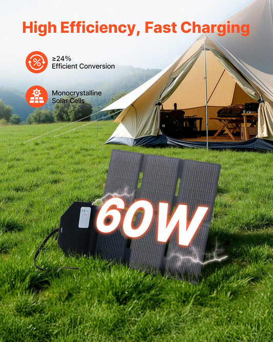 60W Foldable Solar Panel Charger, 16BB N-Type Monocrystalline Solar Panel 24% Efficiency, Lightweight Portable with MC4 Output, Type-C, USB-A & DC Ports for Power Stations Camping Hiking