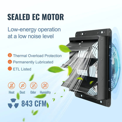 VEVOR Shutter Exhaust Fan, 254mm / 10inch with Temperature Humidity Controller, EC-motor, 843 CFM, Variable Speed Adjustable Wall Mount Attic Fan, Ventilation and Cooling for Greenhouses, Garages, Sheds - Mekamart Australia