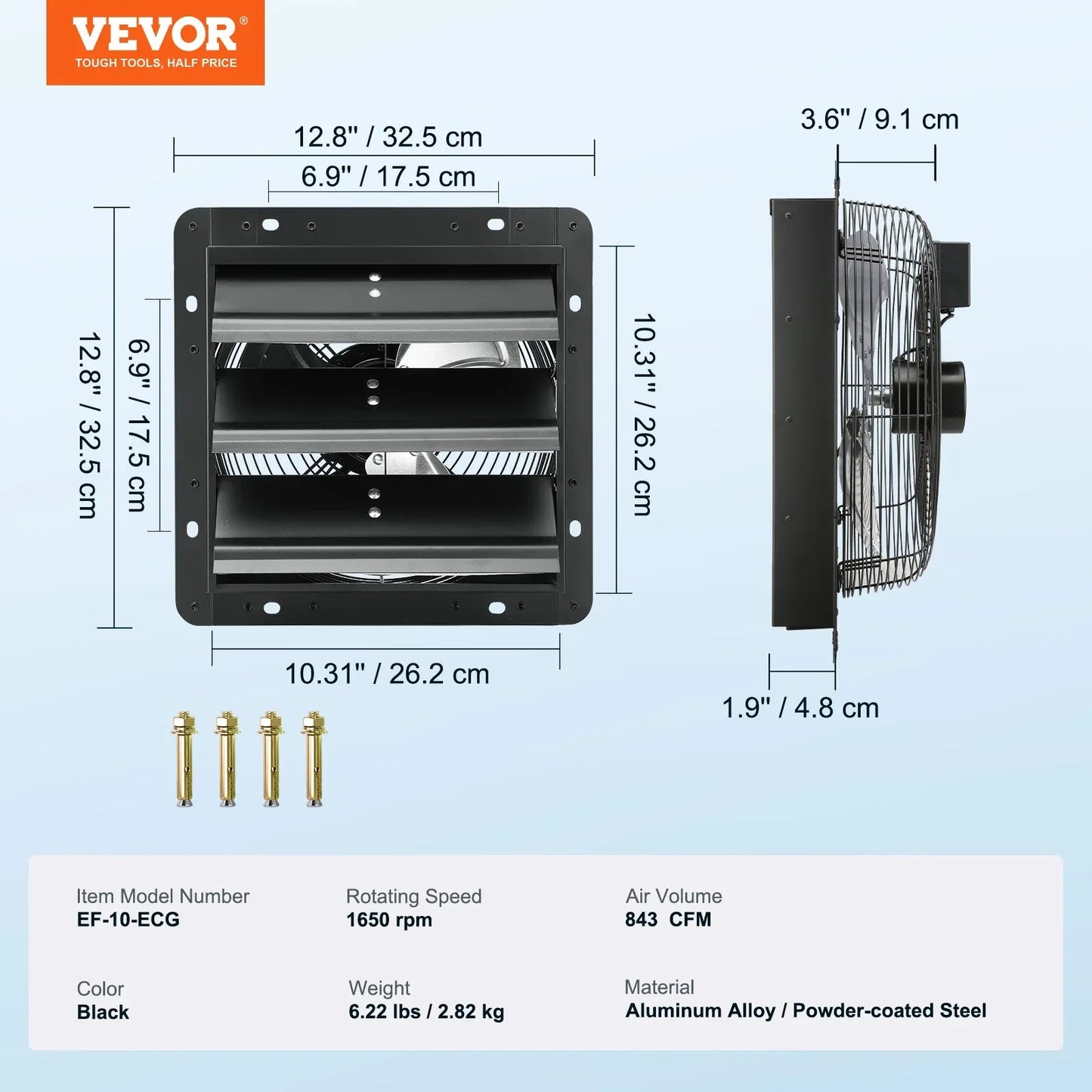 VEVOR Shutter Exhaust Fan, 254mm / 10inch with Temperature Humidity Controller, EC-motor, 843 CFM, Variable Speed Adjustable Wall Mount Attic Fan, Ventilation and Cooling for Greenhouses, Garages, Sheds - Mekamart Australia