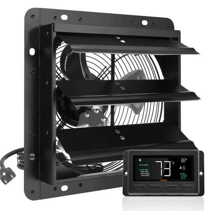 VEVOR Shutter Exhaust Fan, 254mm / 10inch with Temperature Humidity Controller, EC-motor, 843 CFM, Variable Speed Adjustable Wall Mount Attic Fan, Ventilation and Cooling for Greenhouses, Garages, Sheds - Mekamart Australia
