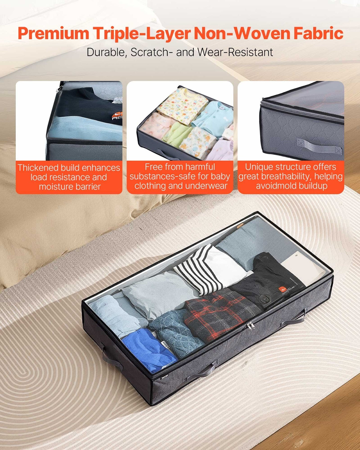 Under Bed Storage with Clear Lids, 996 x 500 x 180 mm, 90L Large Underbed Clothes Storage Containers, Low Profile Under Bed Drawer Shoe Organizer Bins Box for Blanket Shoe Bedroom, 6 Pack