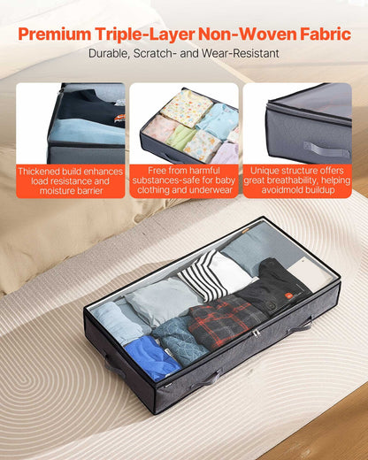 Under Bed Storage with Clear Lids, 996 x 500 x 180 mm, 90L Large Underbed Clothes Storage Containers, Low Profile Under Bed Drawer Shoe Organizer Bins Box for Blanket Shoe Bedroom, 6 Pack