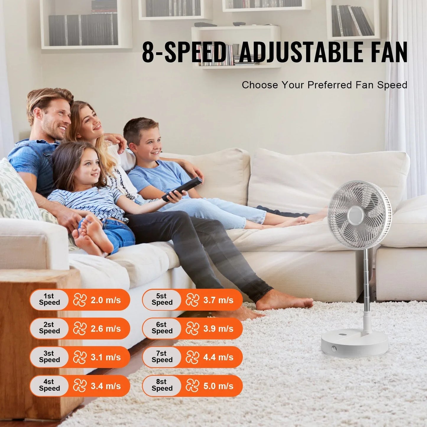 VEVOR 12 Inch Foldable Oscillating Standing Fan with Remote Control, 4 Speed Adjustable Portable Desk Quiet Fan, 7200mah Rechargeable USB Small Fan, Folded Rotating Floor Fan for Bedroom Office Travel - Mekamart Australia
