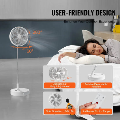 VEVOR 12 Inch Foldable Oscillating Standing Fan with Remote Control, 4 Speed Adjustable Portable Desk Quiet Fan, 7200mah Rechargeable USB Small Fan, Folded Rotating Floor Fan for Bedroom Office Travel - Mekamart Australia