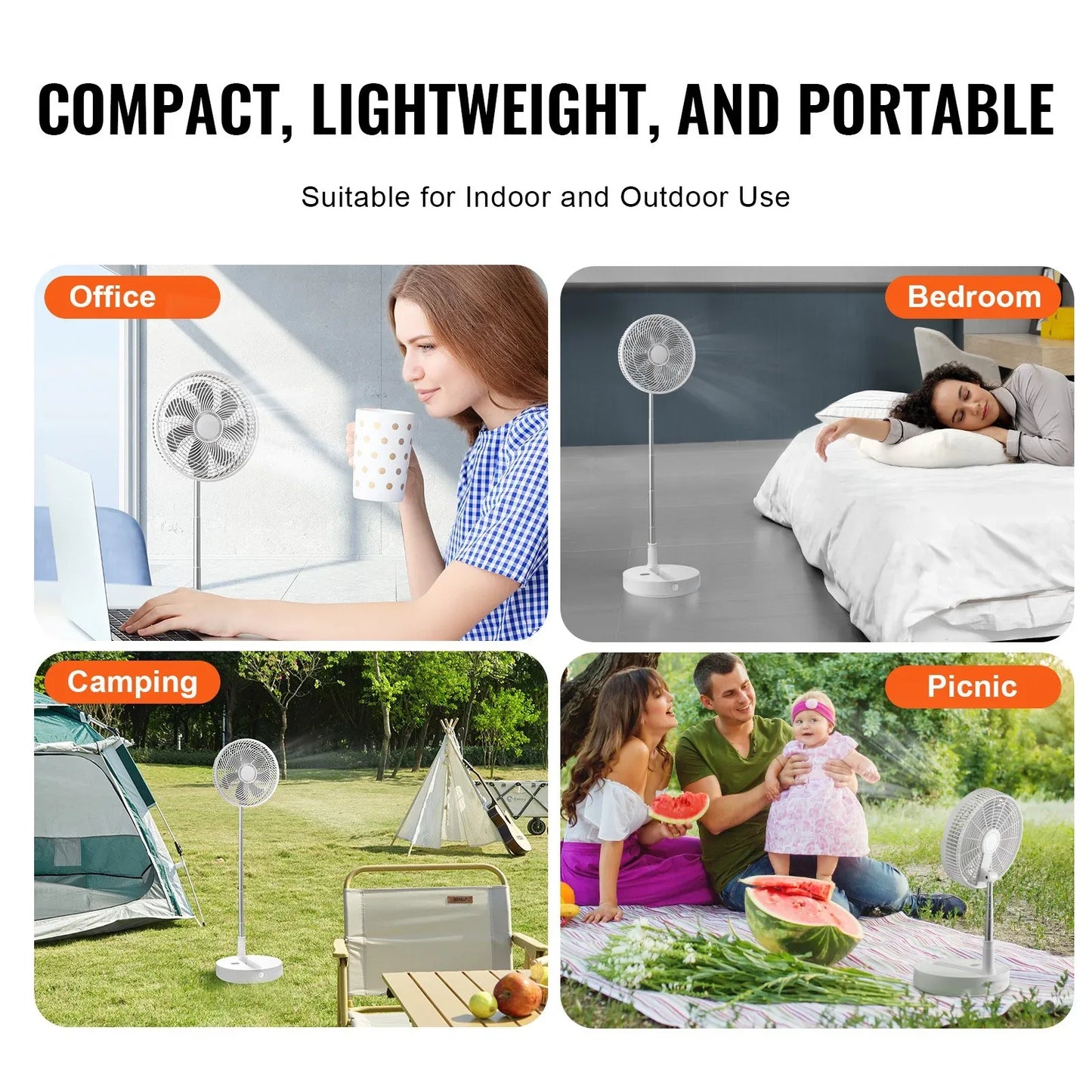 VEVOR 12 Inch Foldable Oscillating Standing Fan with Remote Control, 4 Speed Adjustable Portable Desk Quiet Fan, 7200mah Rechargeable USB Small Fan, Folded Rotating Floor Fan for Bedroom Office Travel - Mekamart Australia