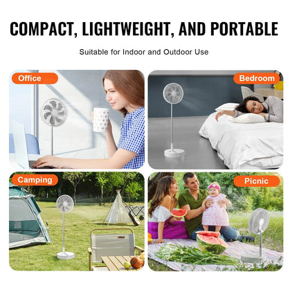 VEVOR 12 Inch Foldable Oscillating Standing Fan with Remote Control, 4 Speed Adjustable Portable Desk Quiet Fan, 7200mah Rechargeable USB Small Fan, Folded Rotating Floor Fan for Bedroom Office Travel - Mekamart Australia