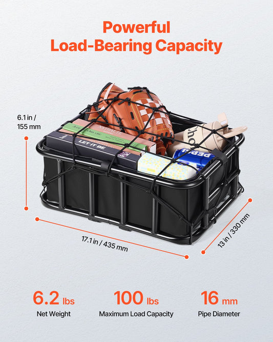 Rear Bike Basket, Medium Bicycle Basket with Cargo Net, Liner & Waterproof Cover, Heavy Duty Bike Back Basket for Adult Women/Men Carrying Dogs, Pets, Fruit & Grocery, Mounting Tools Included