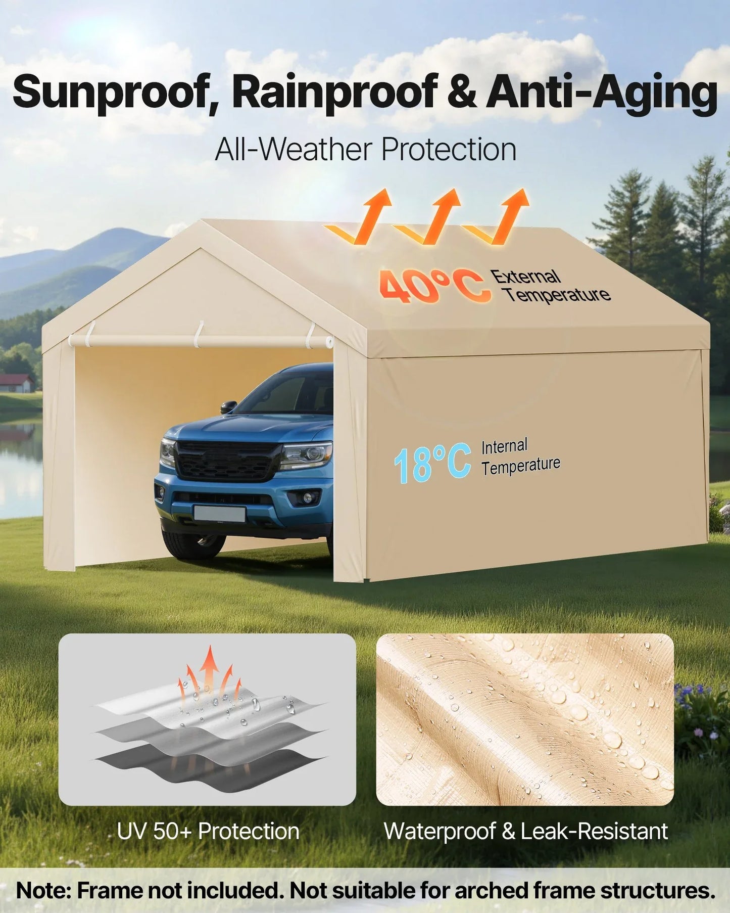 VEVOR Carport Replacement Canopy, 6 x 3 m Potable Garage Tent Top Tarp with Sidewalls, UV-Resistant & Waterproof, Heavy Duty Car Shelter Tarp with Ball Buggees, Beige, Frame Not Included - Mekamart Australia