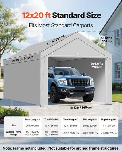 VEVOR Carport Replacement Canopy, 6x 3.6 m Potable Garage Tent Top Tarp with Sidewalls, UV-Resistant & Waterproof, Heavy Duty Car Shelter Tarp with Ball Buggees, Grey, Frame Not Included - Mekamart Australia