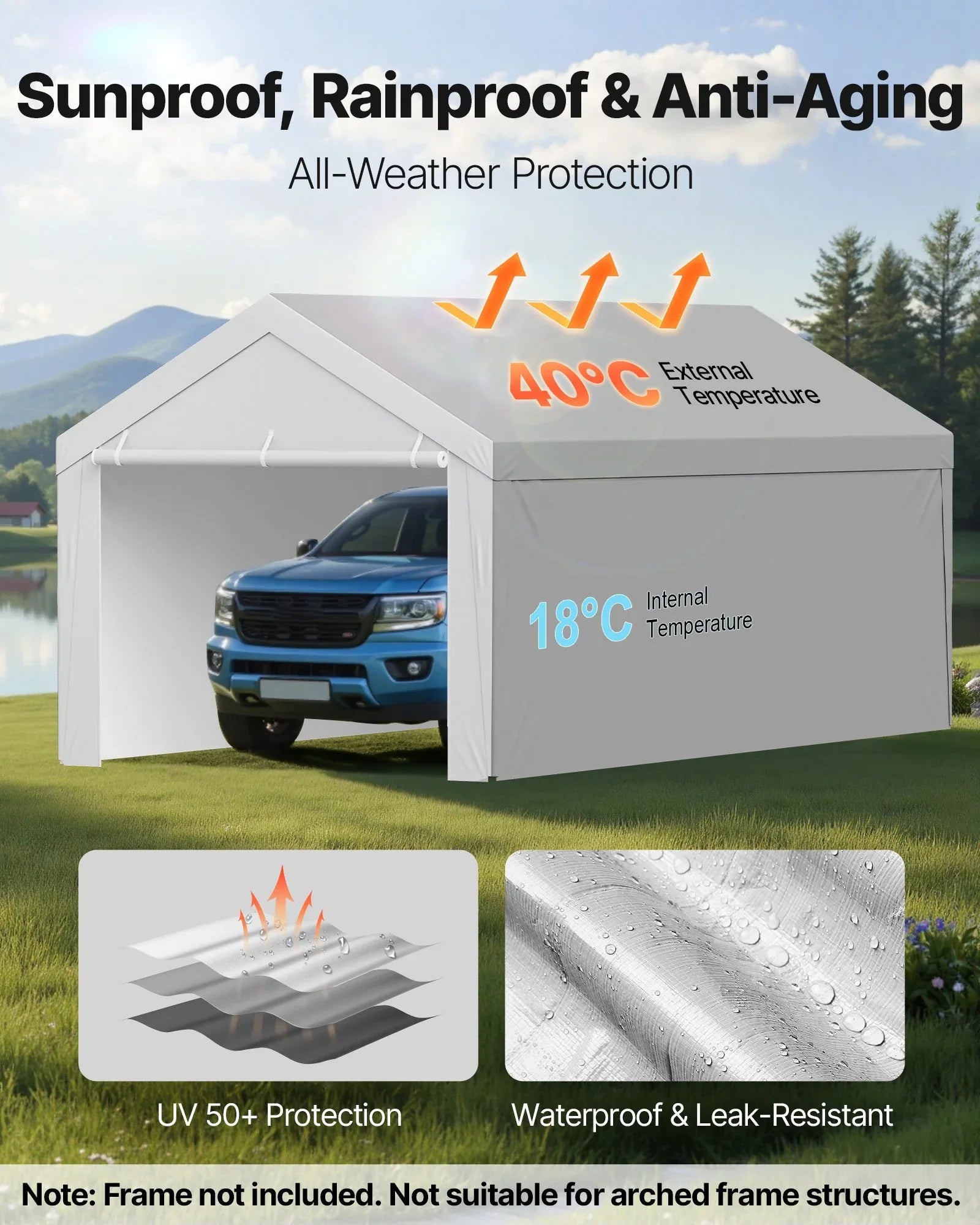 VEVOR Carport Replacement Canopy, 6x 3.6 m Potable Garage Tent Top Tarp with Sidewalls, UV-Resistant & Waterproof, Heavy Duty Car Shelter Tarp with Ball Buggees, Grey, Frame Not Included - Mekamart Australia