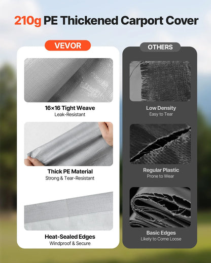 VEVOR Carport Replacement Canopy, 6x 3.6 m Potable Garage Tent Top Tarp with Sidewalls, UV-Resistant & Waterproof, Heavy Duty Car Shelter Tarp with Ball Buggees, Grey, Frame Not Included - Mekamart Australia