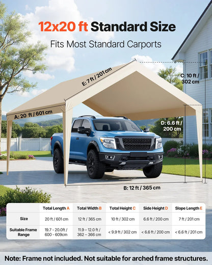 VEVOR Carport Replacement Canopy, 6 x 3.6 m Potable Garage Tent Top Tarp, UV-Resistant & Waterproof Car Shelter Tarp, Heavy Duty Car Port Cover with Ball Buggees, Beige, Frame Not Included - Mekamart Australia