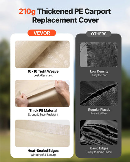 VEVOR Carport Replacement Canopy, 6 x 3.6 m Potable Garage Tent Top Tarp, UV-Resistant & Waterproof Car Shelter Tarp, Heavy Duty Car Port Cover with Ball Buggees, Beige, Frame Not Included - Mekamart Australia