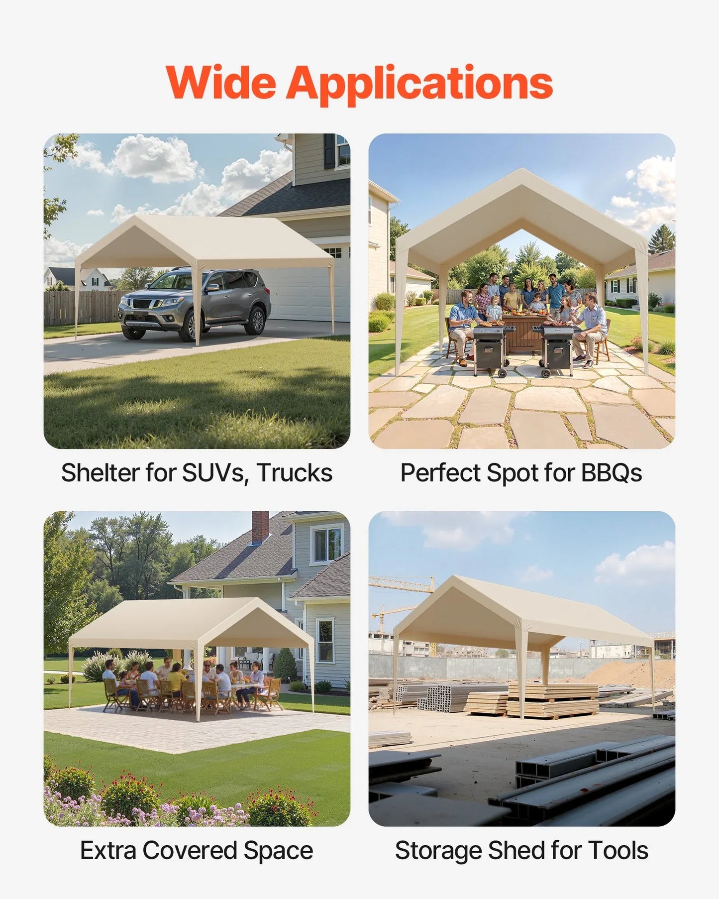 VEVOR Carport Replacement Canopy, 6 x 3.6 m Potable Garage Tent Top Tarp, UV-Resistant & Waterproof Car Shelter Tarp, Heavy Duty Car Port Cover with Ball Buggees, Beige, Frame Not Included - Mekamart Australia