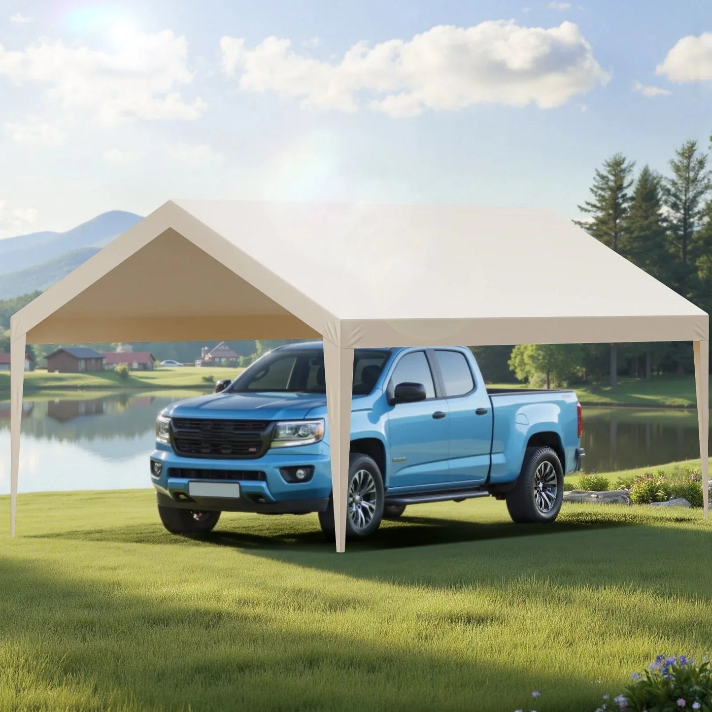 VEVOR Carport Replacement Canopy, 6 x 3.6 m Potable Garage Tent Top Tarp, UV-Resistant & Waterproof Car Shelter Tarp, Heavy Duty Car Port Cover with Ball Buggees, Beige, Frame Not Included - Mekamart Australia