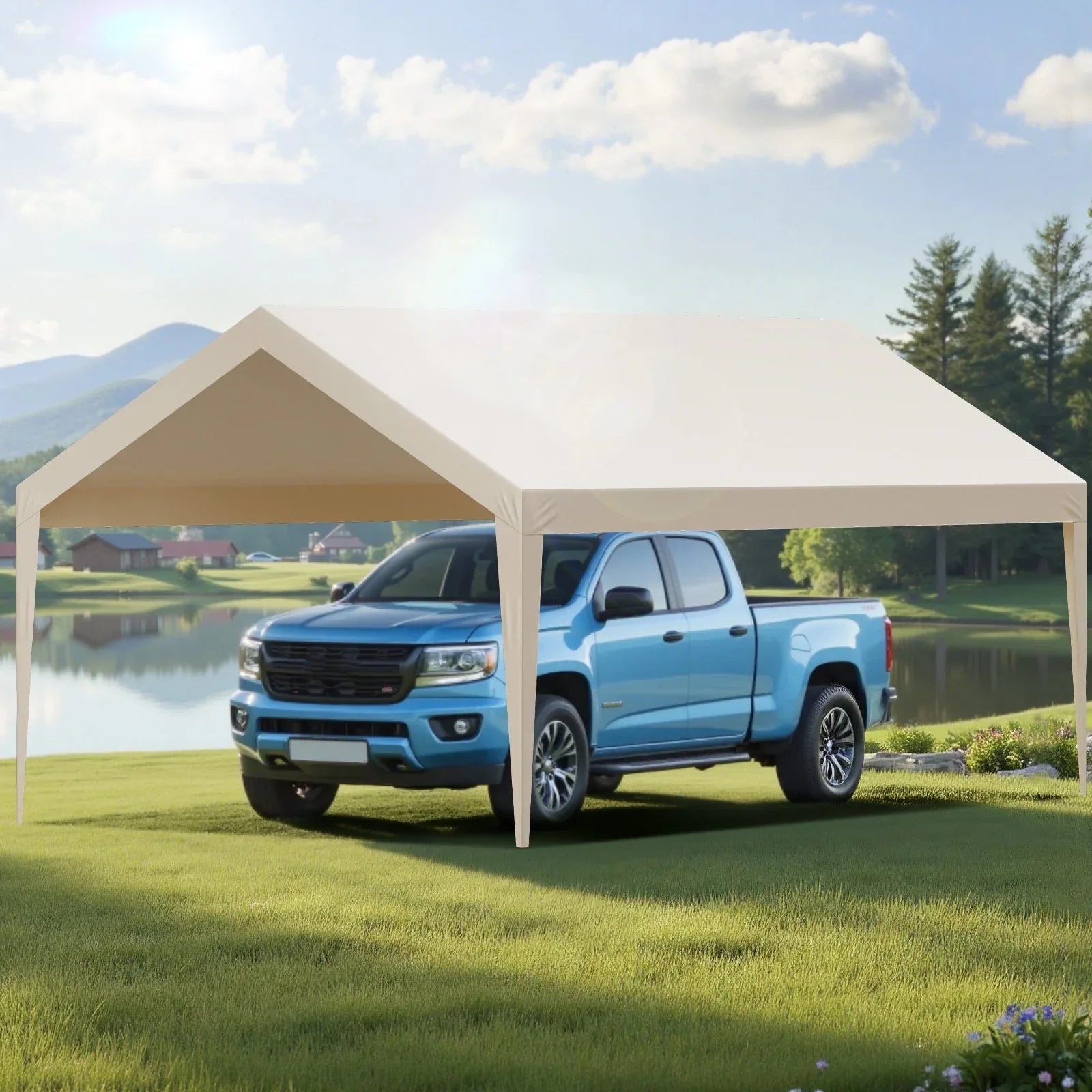 VEVOR Carport Replacement Canopy, 6 x 3.6 m Potable Garage Tent Top Tarp, UV-Resistant & Waterproof Car Shelter Tarp, Heavy Duty Car Port Cover with Ball Buggees, Beige, Frame Not Included - Mekamart Australia