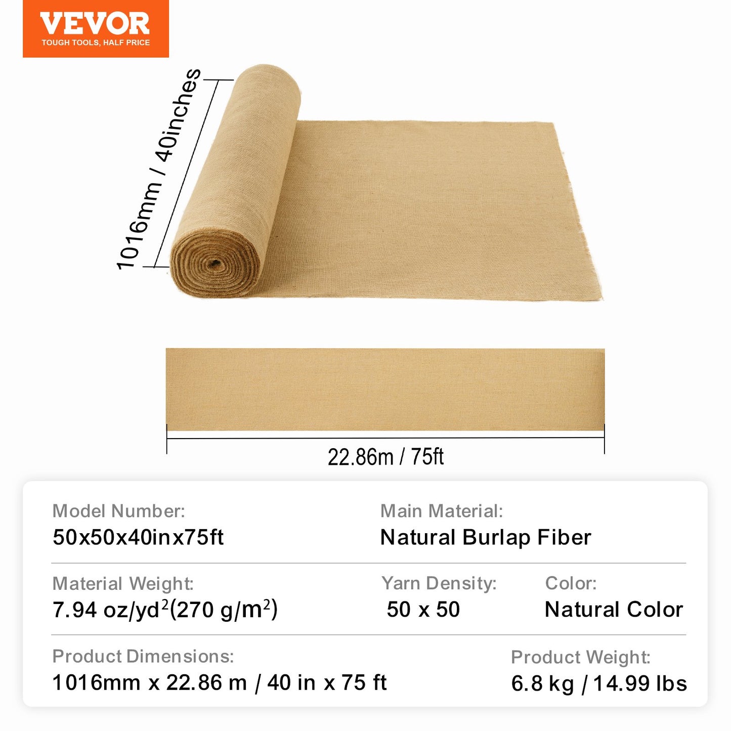 Burlap Fabric Roll, 1016 mm x 22.86 m & 50 x 50 Density Wide Natural Burlap Fabric Rolls, Jute Fabric Burlap Tree Wrap Roll, for Decor, Crafts, Wedding, Gardening, Plant & Tree Winter Covering