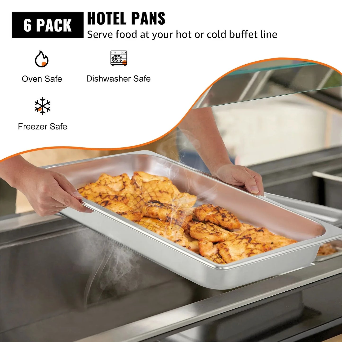 VEVOR Hotel Pans Full Size 2.5 Inch Deep, Steam Table Pan 6 Pack , 22 Gauge/0.8mm Thick Stainless Steel Hotel Pan Anti Jam Steam Table Pan - Mekamart Australia