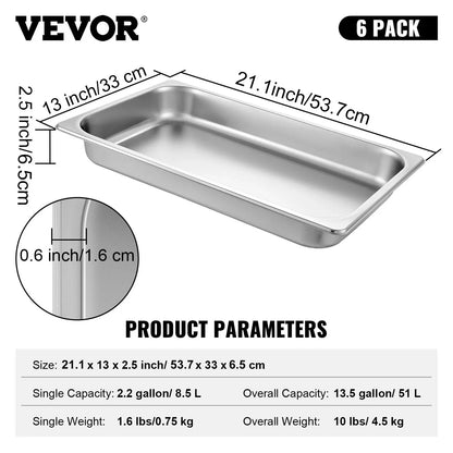 VEVOR Hotel Pans Full Size 2.5 Inch Deep, Steam Table Pan 6 Pack , 22 Gauge/0.8mm Thick Stainless Steel Hotel Pan Anti Jam Steam Table Pan - Mekamart Australia