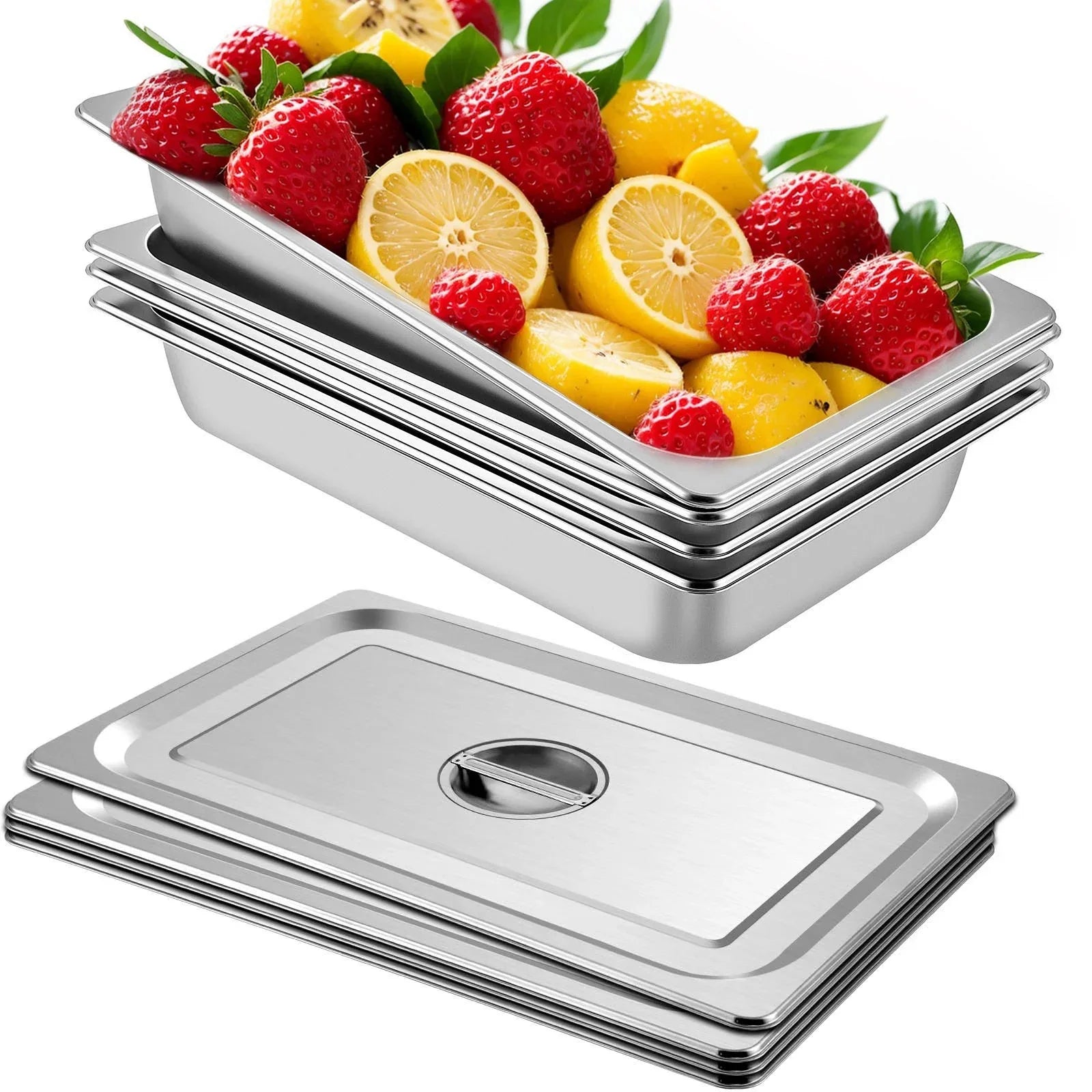 VEVOR 4 Pack Hotel Pan 3.7" Deep Steam Table Pan Full Size with Lid 20.8"L x 13"W Hotel Pan 22 Gauge Stainless Steel Anti Jam Steam Table Pan - Mekamart Australia