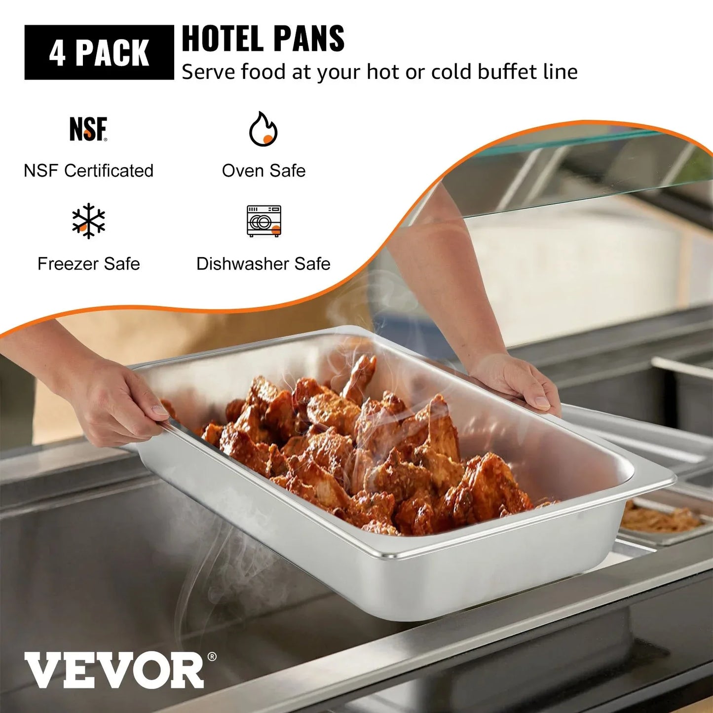 VEVOR 4 Pack Hotel Pan 3.7" Deep Steam Table Pan Full Size with Lid 20.8"L x 13"W Hotel Pan 22 Gauge Stainless Steel Anti Jam Steam Table Pan - Mekamart Australia