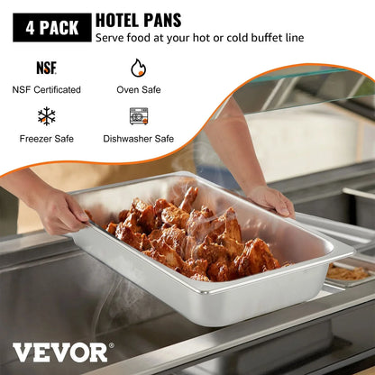 VEVOR 4 Pack Hotel Pan 3.7" Deep Steam Table Pan Full Size with Lid 20.8"L x 13"W Hotel Pan 22 Gauge Stainless Steel Anti Jam Steam Table Pan - Mekamart Australia