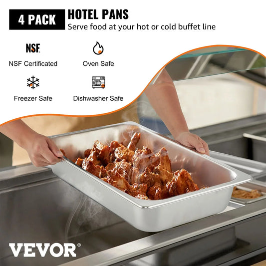 VEVOR 4 Pack Hotel Pan 3.7" Deep Steam Table Pan Full Size with Lid 20.8"L x 13"W Hotel Pan 22 Gauge Stainless Steel Anti Jam Steam Table Pan - Mekamart Australia