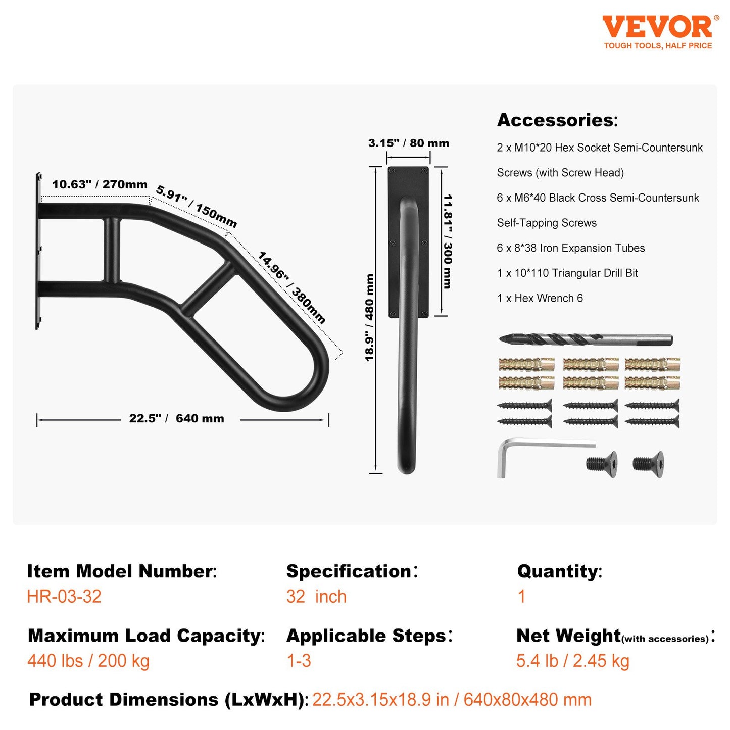 Handrails for Outdoor Steps, 32" Length Wall Mount Safety Railings for 1-3 Steps, U-Shaped Handrail with Matte Black Finished, Stair Handrails for Kids, Elderly, Pregnant Women, Disabled