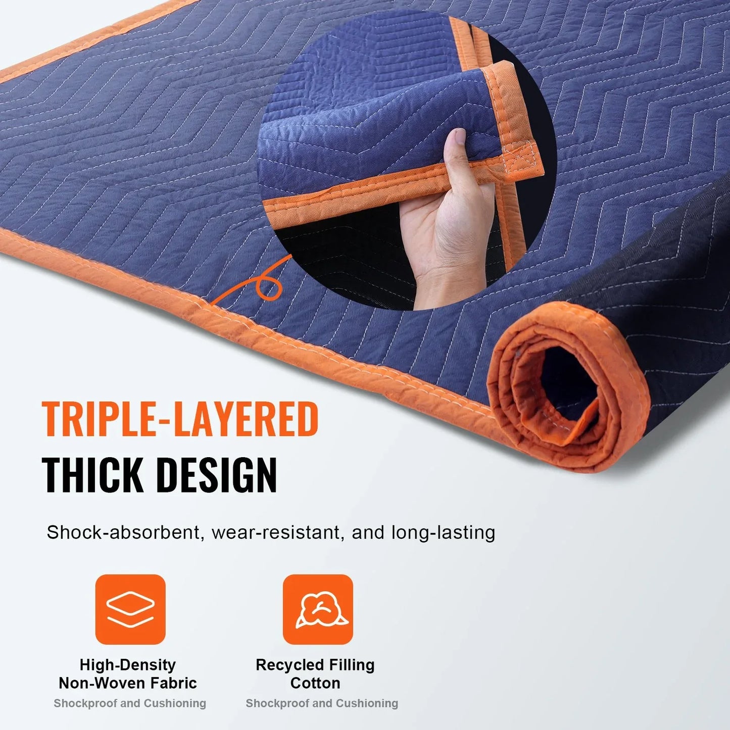 VEVOR Moving Blankets, 2032 x 1829 mm, 15.6 kg/dz, 12 Packs, Professional Non-Woven & Recycled Cotton Packing Blanket, Heavy Duty Mover Pads for Protecting Furniture, Floors, Appliances, Blue/Orange - Mekamart Australia
