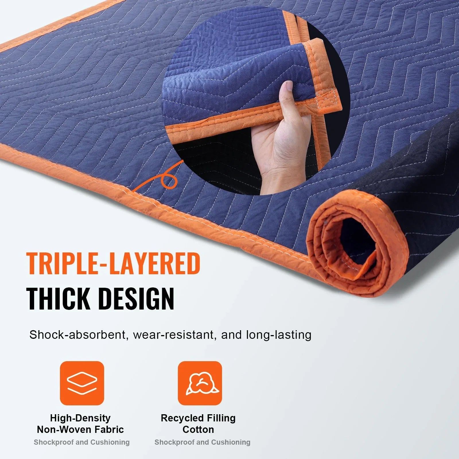 VEVOR Moving Blankets, 2032 x 1829 mm, 15.6 kg/dz, 12 Packs, Professional Non-Woven & Recycled Cotton Packing Blanket, Heavy Duty Mover Pads for Protecting Furniture, Floors, Appliances, Blue/Orange - Mekamart Australia