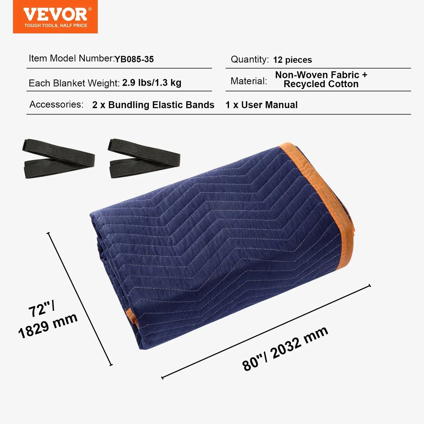 VEVOR Moving Blankets, 2032 x 1829 mm, 15.6 kg/dz, 12 Packs, Professional Non-Woven & Recycled Cotton Packing Blanket, Heavy Duty Mover Pads for Protecting Furniture, Floors, Appliances, Blue/Orange - Mekamart Australia