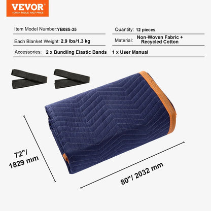 VEVOR Moving Blankets, 2032 x 1829 mm, 15.6 kg/dz, 12 Packs, Professional Non-Woven & Recycled Cotton Packing Blanket, Heavy Duty Mover Pads for Protecting Furniture, Floors, Appliances, Blue/Orange - Mekamart Australia