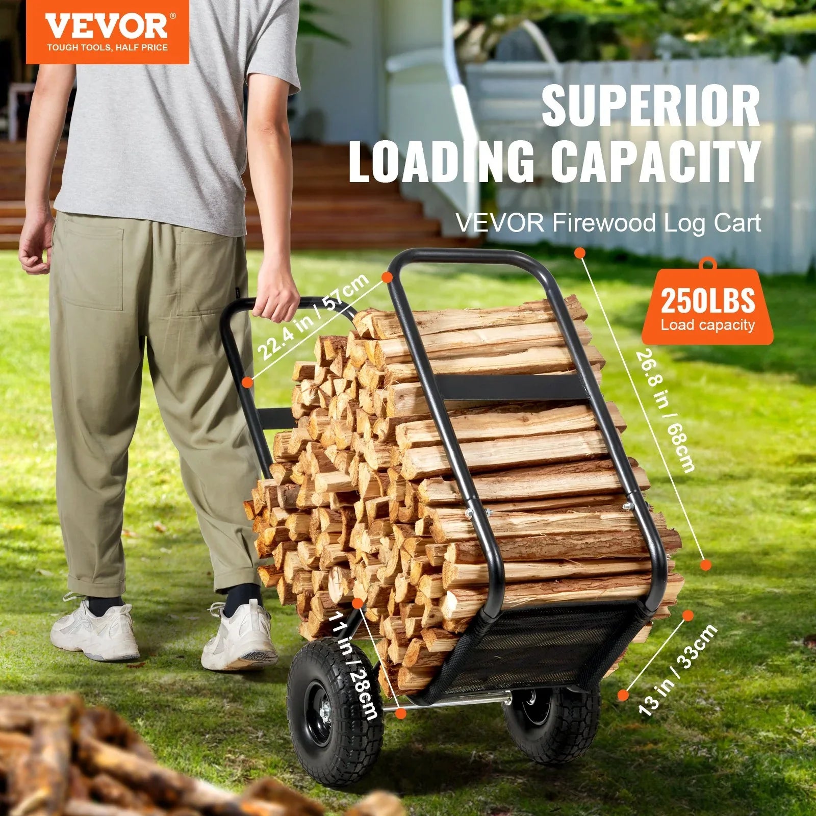 VEVOR Firewood Log Cart Wood Mover Hauler 250 lbs Capacity on PU Wheels Dolly - Mekamart Australia